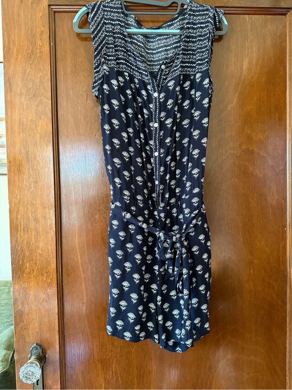 Navy Floral Print Sleeveless Romper with Tie Waist